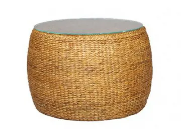 Glass Top Rattan Drum Coffee Table