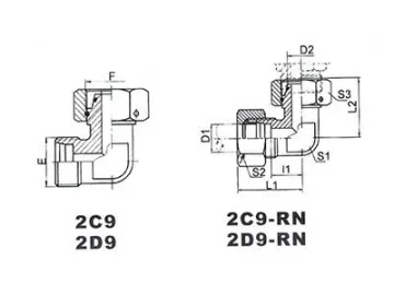 2C9/2D9 90˚ Elbow Reducer Tube Adapter with Swivel, DIN Standard